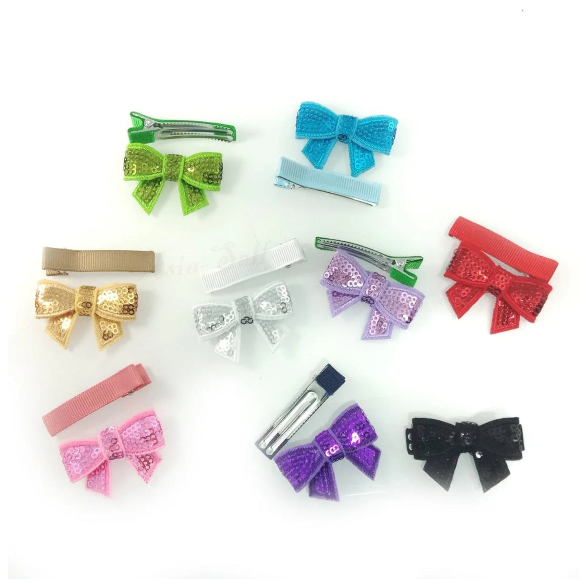 9 Pairs Sequin Mini Bowtie & Clip Set – Girls Hair Accessories – 9 pairs of Bowties and clips