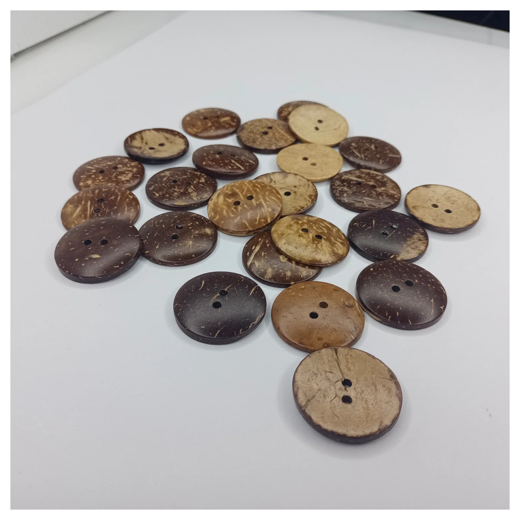30mm Coconut Shell Round Clothing Buttons – 25pcs – Collection of brown and beige buttons on a white surface