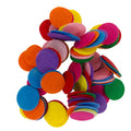 A pile of colorful circular felt pieces in various shades including orange, yellow, pink, blue, purple, green, and red, arranged on a plain white background.