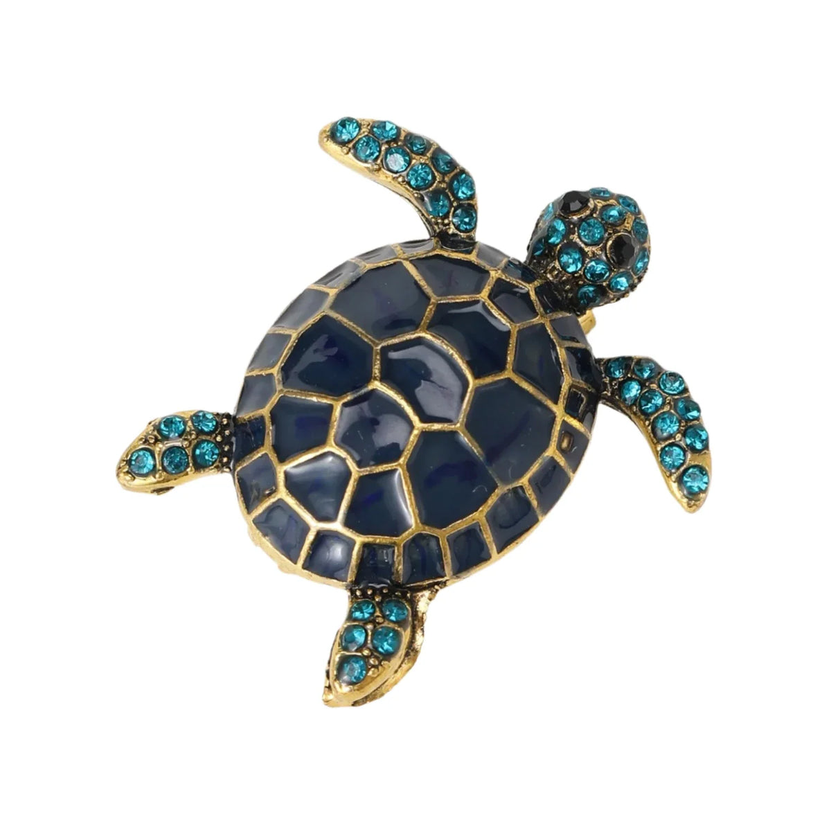 Enamel Turtle Brooch with Rhinestones – Blue, Yellow, Black, Orange – Blue