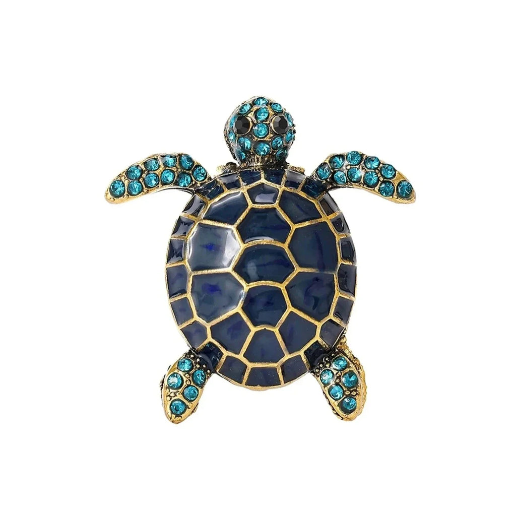 Enamel Turtle Brooch with Rhinestones – Blue, Yellow, Black, Orange