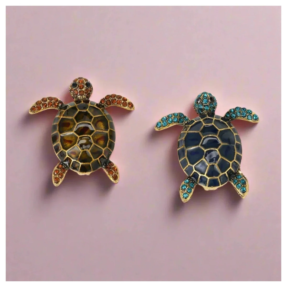 Enamel Turtle Brooch with Rhinestones – Blue, Yellow, Black, Orange
