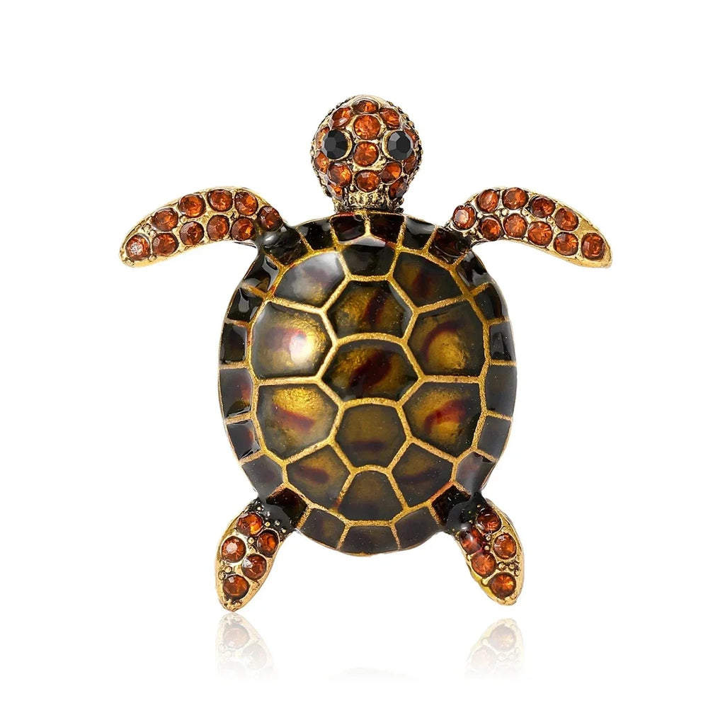 Enamel Turtle Brooch with Rhinestones – Blue, Yellow, Black, Orange