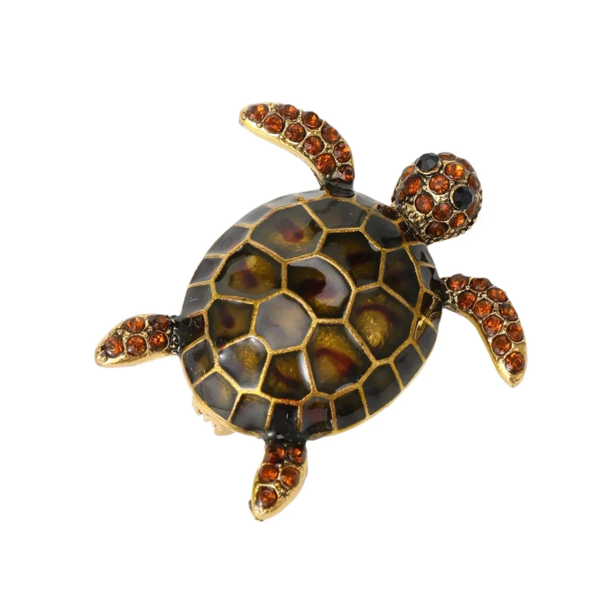 Enamel Turtle Brooch with Rhinestones – Blue, Yellow, Black, Orange – Yellowy Brown