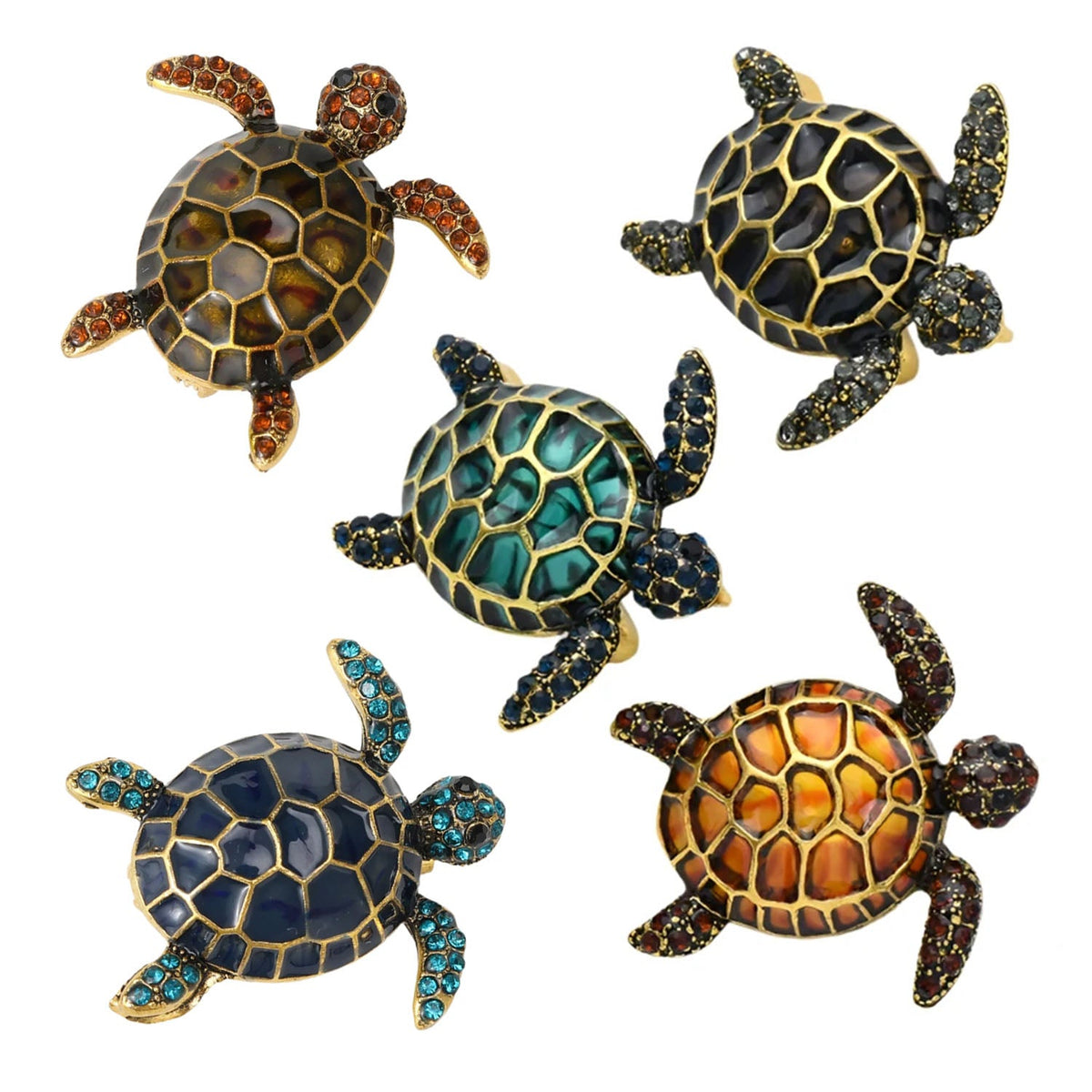 Enamel Turtle Brooch with Rhinestones – Blue, Yellow, Black, Orange