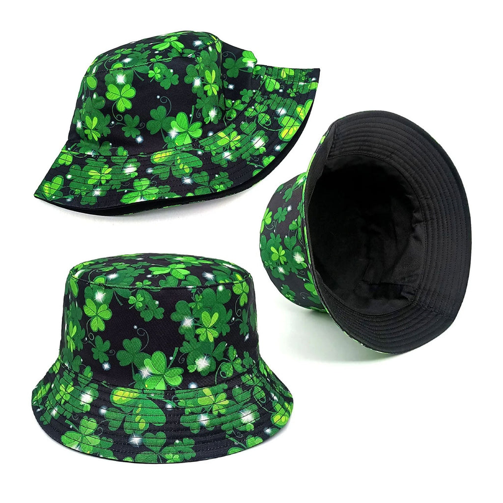 Flower Clover Patterned Double-Sided Bucket Hat – Green