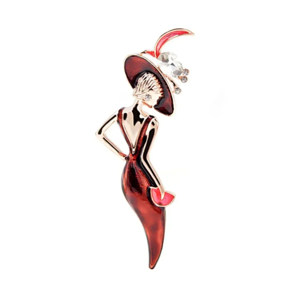 Wine Red 6.1cm Enamel Lady Figure Brooch – Red