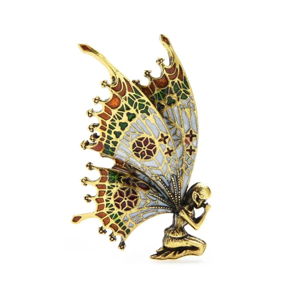 Vintage Fairy Brooch 5.3cm Butterfly Wing Enamel Pin – White Grey Red