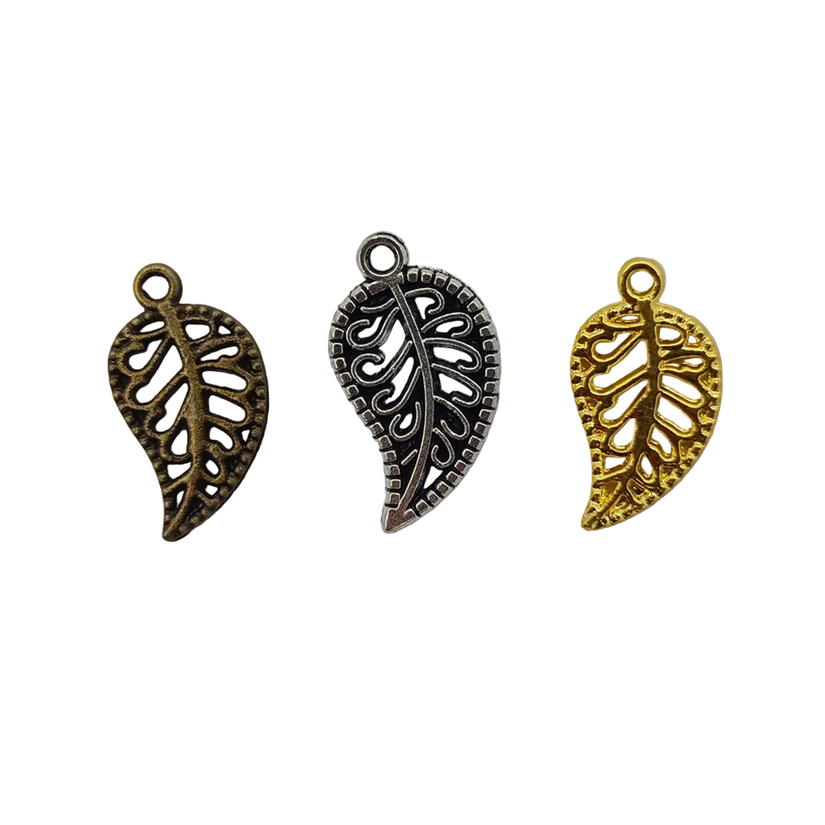19mm Leaf Style Charms Pendant – Antique Silver, Bronze & Gold – Three leaf-shaped metal charms in bronze, silver, and gold on a light gray background.