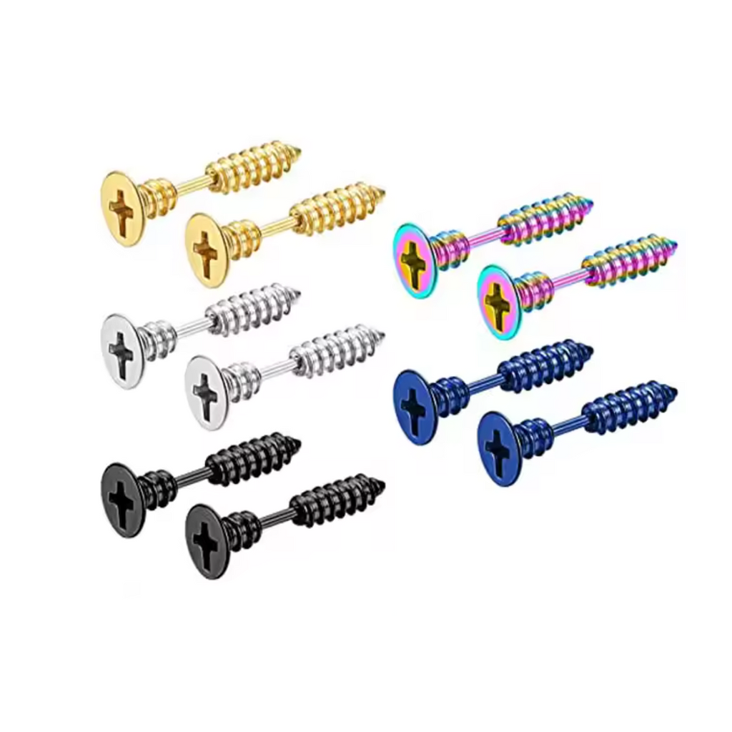 Punk Stainless Steel Stud Screw Earrings – Colour Changing – Six pairs of metallic barbell-shaped ear piercings with threaded screw backs, shown in gold, silver, black, rainbow, and blue finishes on a plain white background.