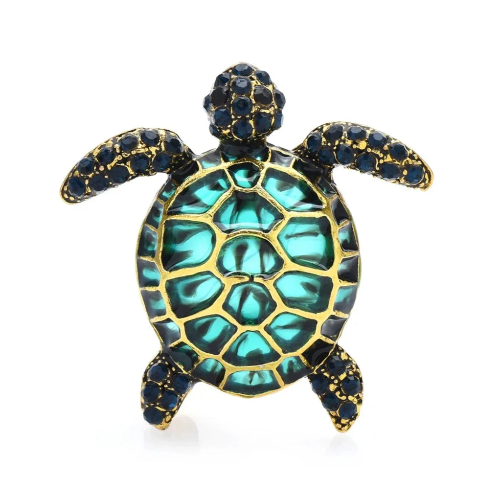 Enamel Turtle Brooch with Rhinestones – Blue, Yellow, Black, Orange