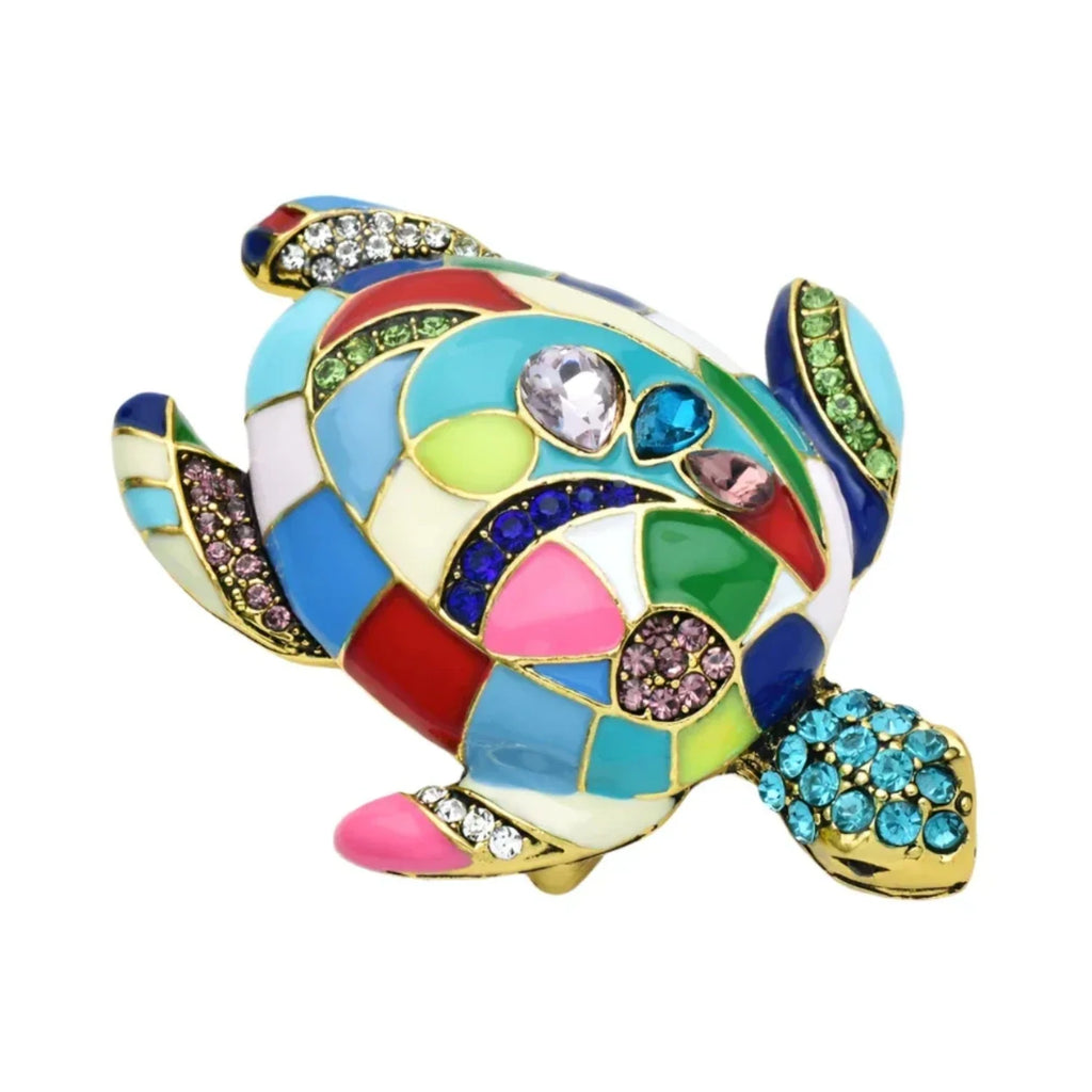 6.7cm Enamel Vintage Turtle Brooch Pin Backed Multicolour Rhinestones
