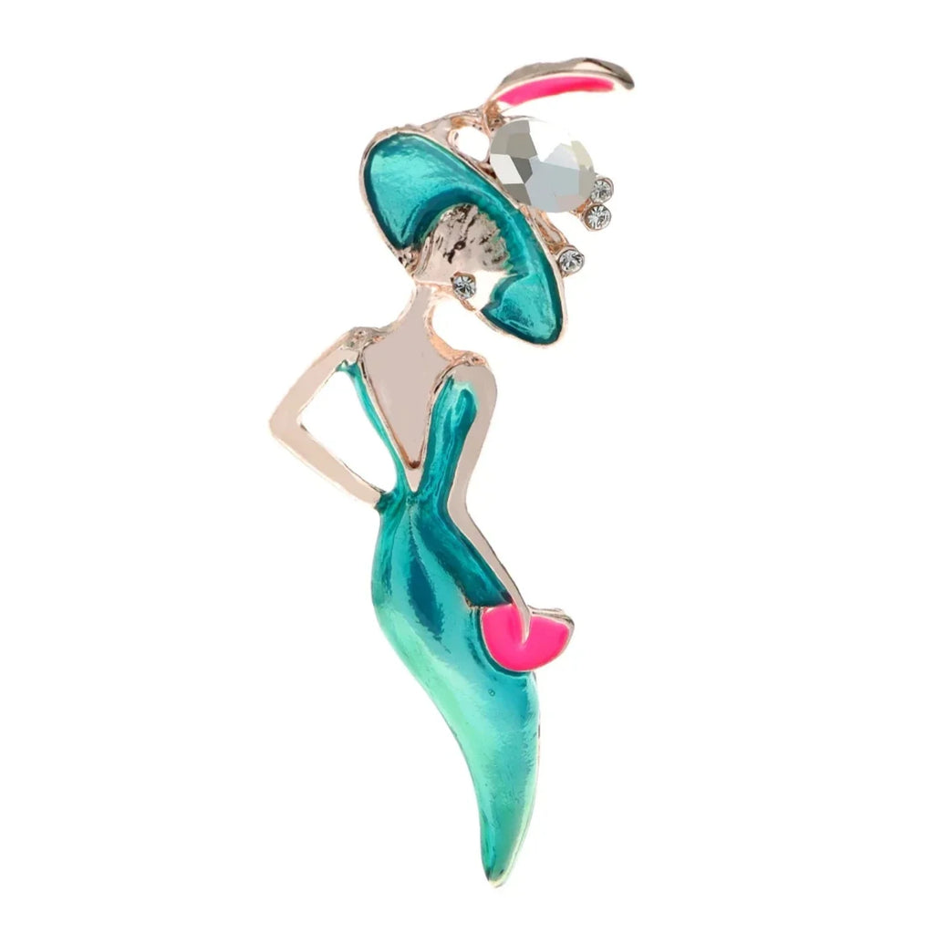 Wine Red 6.1cm Enamel Lady Figure Brooch – Blue