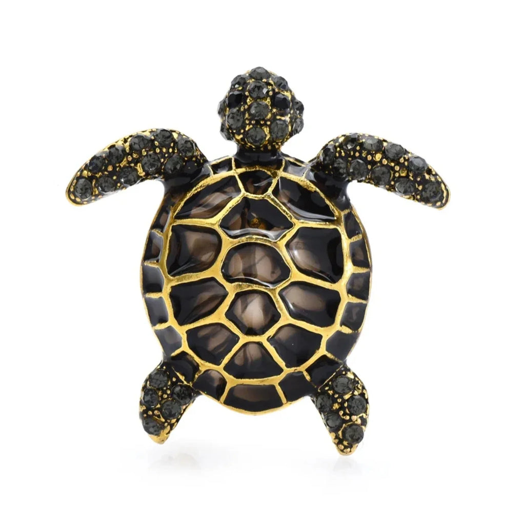 Enamel Turtle Brooch with Rhinestones – Blue, Yellow, Black, Orange – Black