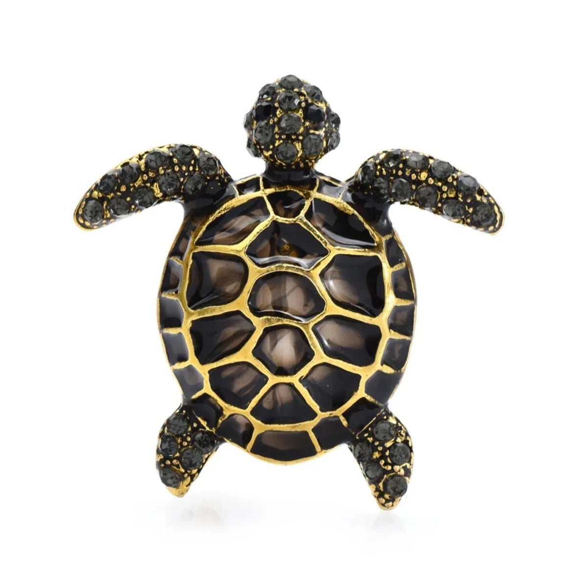 Enamel Turtle Brooch with Rhinestones – Blue, Yellow, Black, Orange – Black