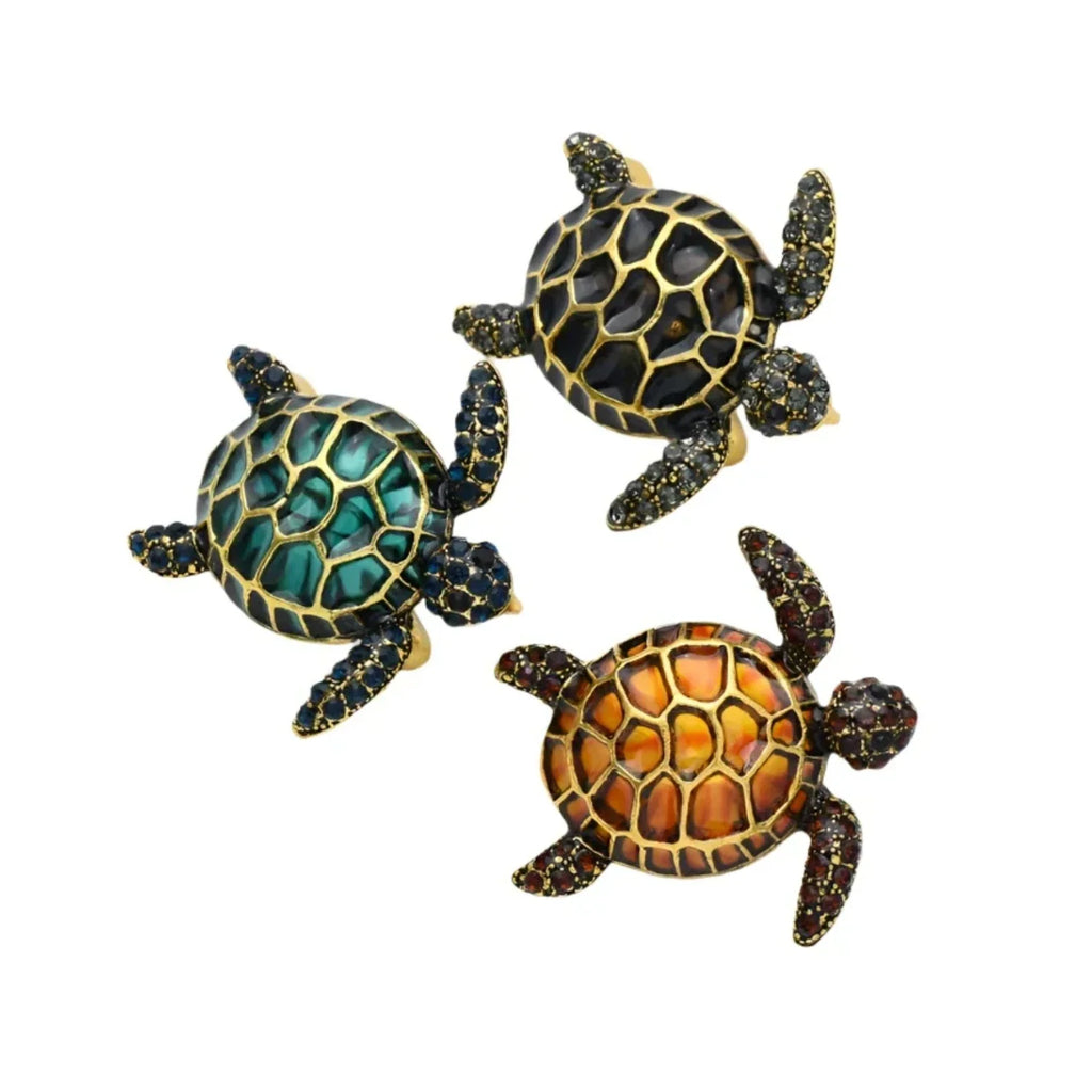 Enamel Turtle Brooch with Rhinestones – Blue, Yellow, Black, Orange