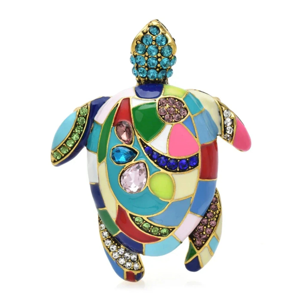 6.7cm Enamel Vintage Turtle Brooch Pin Backed Multicolour Rhinestones