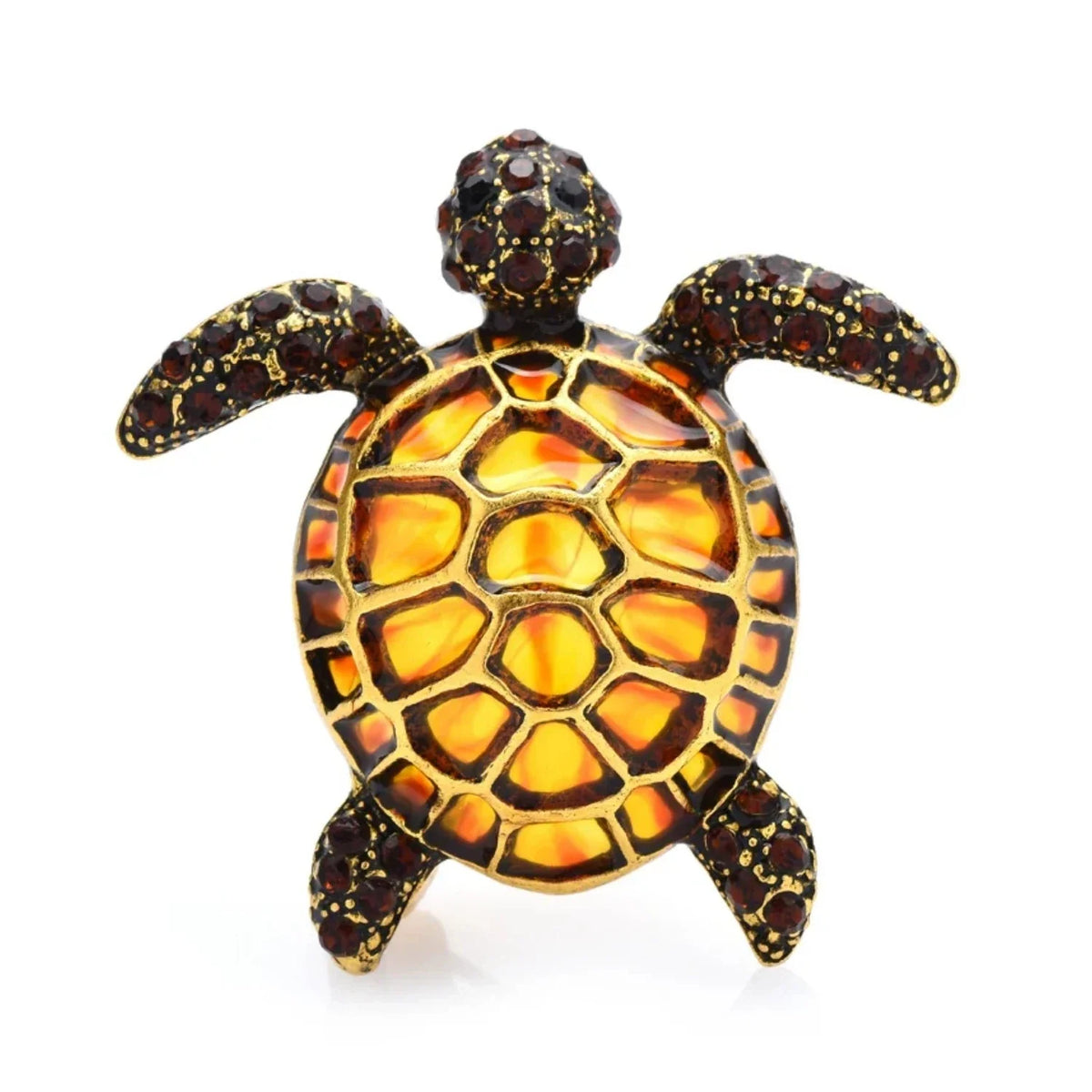 Enamel Turtle Brooch with Rhinestones – Blue, Yellow, Black, Orange – Orange Transparent