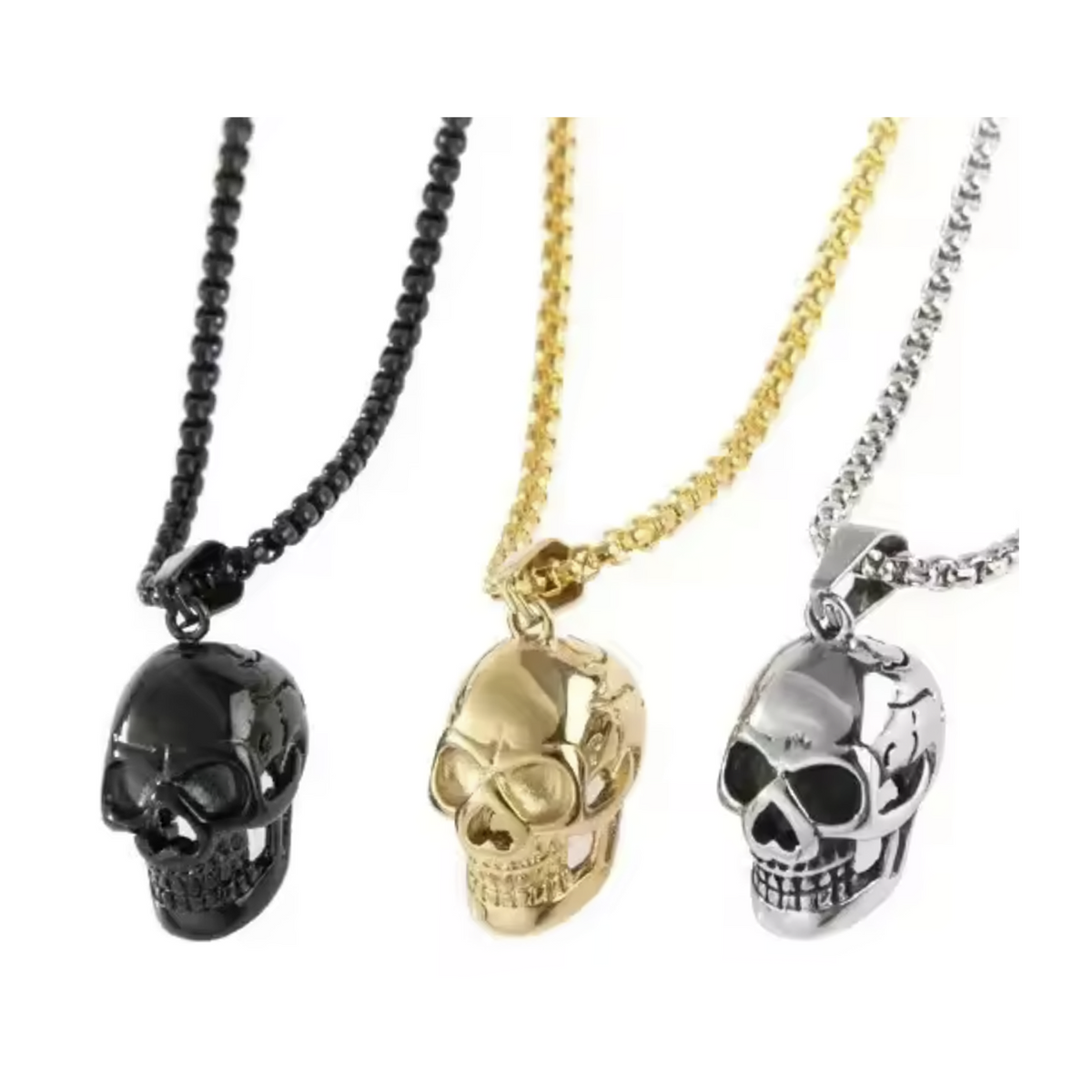 Skull Pendant Necklace Mens Womens Punk Party Jewellery – Three skull necklaces in black, gold, and silver on a white background