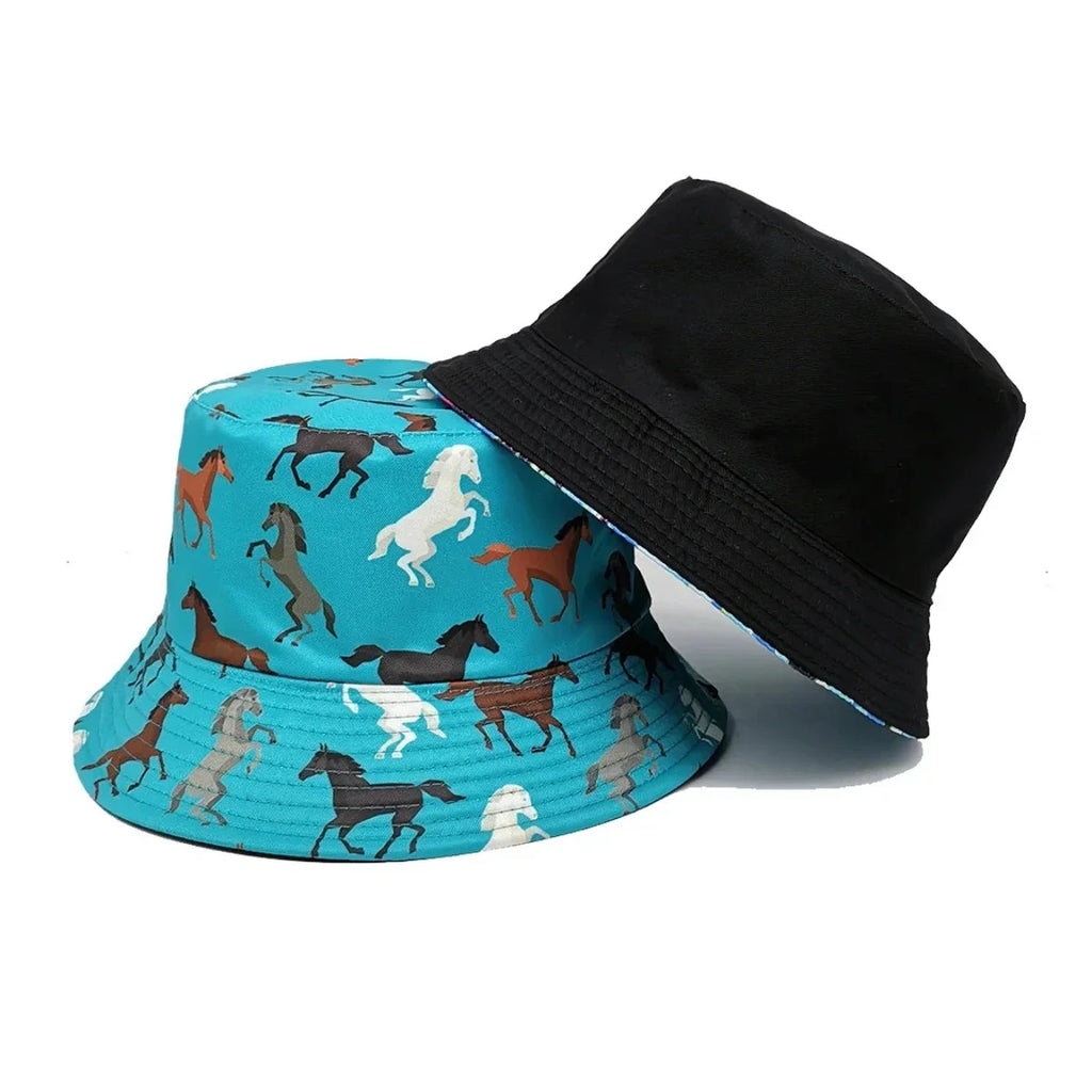 Horse Patterned Double-Sided Bucket Hat Travel Sun Hat – Women's Fashion Cartoon Horse Pattern Printed Fisherman Hat Outdoor Travel Sunshade Hat Men's Double Faced Wearable Bowl Hat