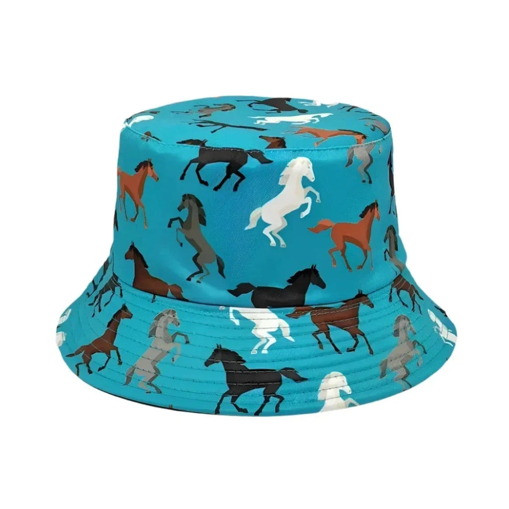 Horse Patterned Double-Sided Bucket Hat Travel Sun Hat – Women's Fashion Cartoon Horse Pattern Printed Fisherman Hat Outdoor Travel Sunshade Hat Men's Double Faced Wearable Bowl Hat