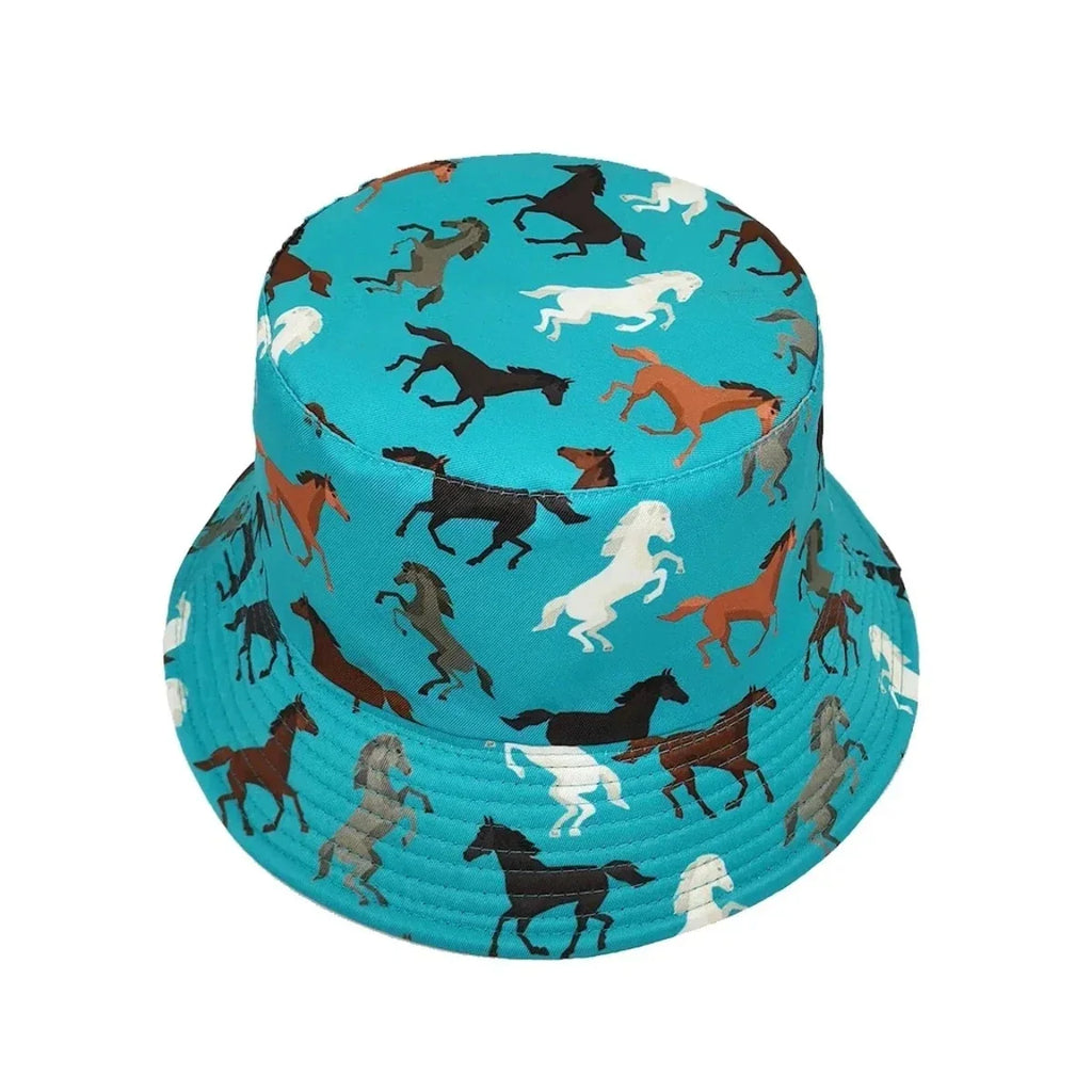 Horse Patterned Double-Sided Bucket Hat Travel Sun Hat – Women's Fashion Cartoon Horse Pattern Printed Fisherman Hat Outdoor Travel Sunshade Hat Men's Double Faced Wearable Bowl Hat