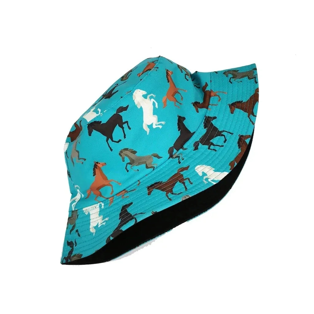 Horse Patterned Double-Sided Bucket Hat Travel Sun Hat – Women's Fashion Cartoon Horse Pattern Printed Fisherman Hat Outdoor Travel Sunshade Hat Men's Double Faced Wearable Bowl Hat