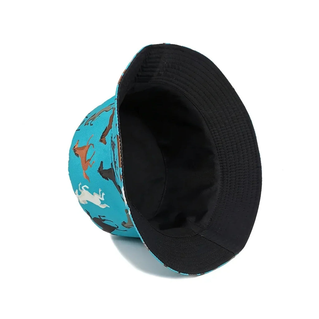 Horse Patterned Double-Sided Bucket Hat Travel Sun Hat – Women's Fashion Cartoon Horse Pattern Printed Fisherman Hat Outdoor Travel Sunshade Hat Men's Double Faced Wearable Bowl Hat