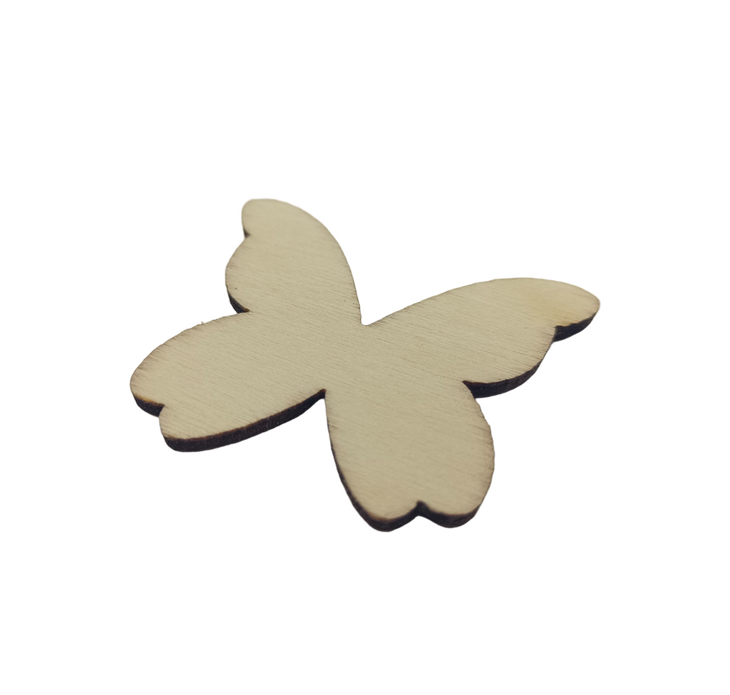 Natural Wooden Flower & Butterfly Shape Blanks – 50 pcs – Wooden butterfly-shaped cutout on a light gray background | front