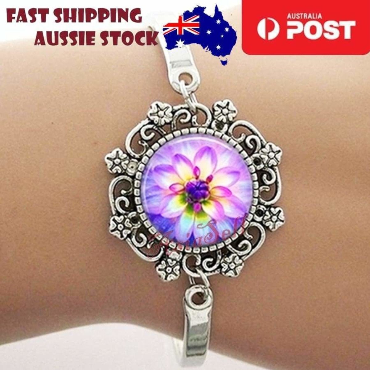 Cabochon Bracelet Armband 16mm Om Mandala – Flower Purple