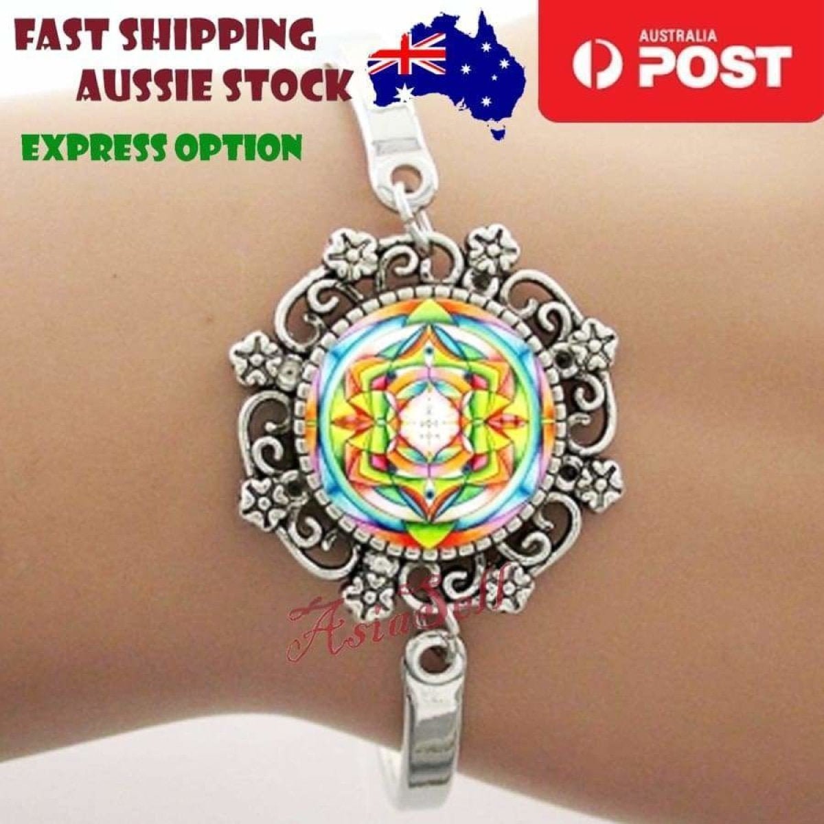 Cabochon Bracelet Armband 16mm Om Mandala – Geometric Green, Pattern Yellow