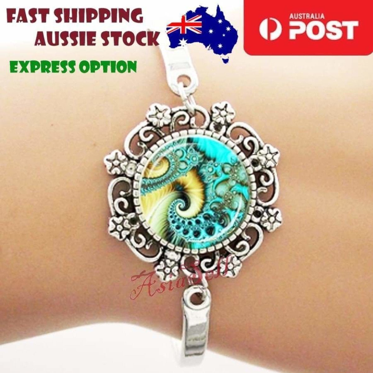 Cabochon Bracelet Armband 16mm Om Mandala – Spiral Green