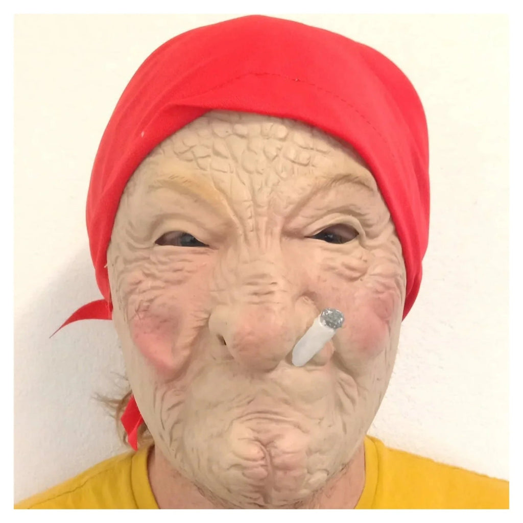 Old Lady Smoking Mask with Red Scarf – Halloween Costume