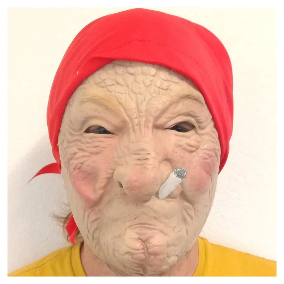 Old Lady Smoking Mask with Red Scarf – Halloween Costume