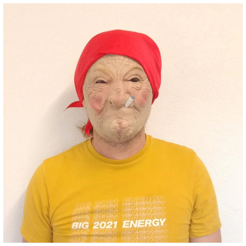 Old Lady Smoking Mask with Red Scarf – Halloween Costume