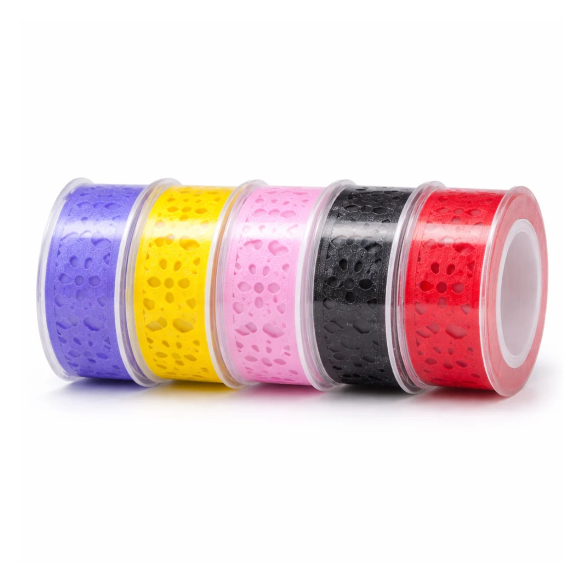 Decorative Sticky Tape Lace Roll Purple Red Black Yellow Washi – Five rolls of colorful tape with cutout patterns surface in clear containers on a white background