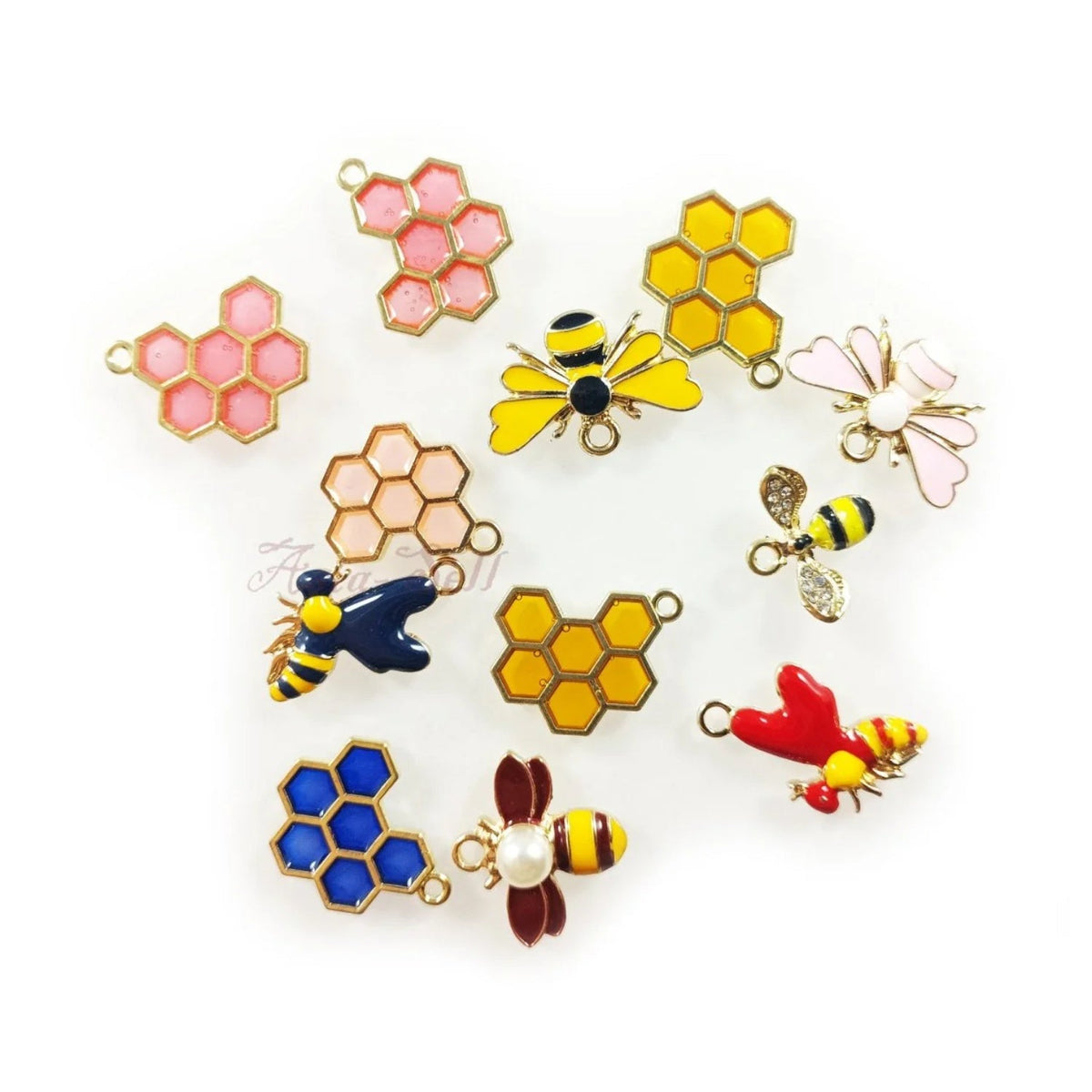Enamel Bees Honeycomb Loop Pendant Charms Lobster Claw DIY Jewellery – 12pcs Bees Honeycomb Set 8