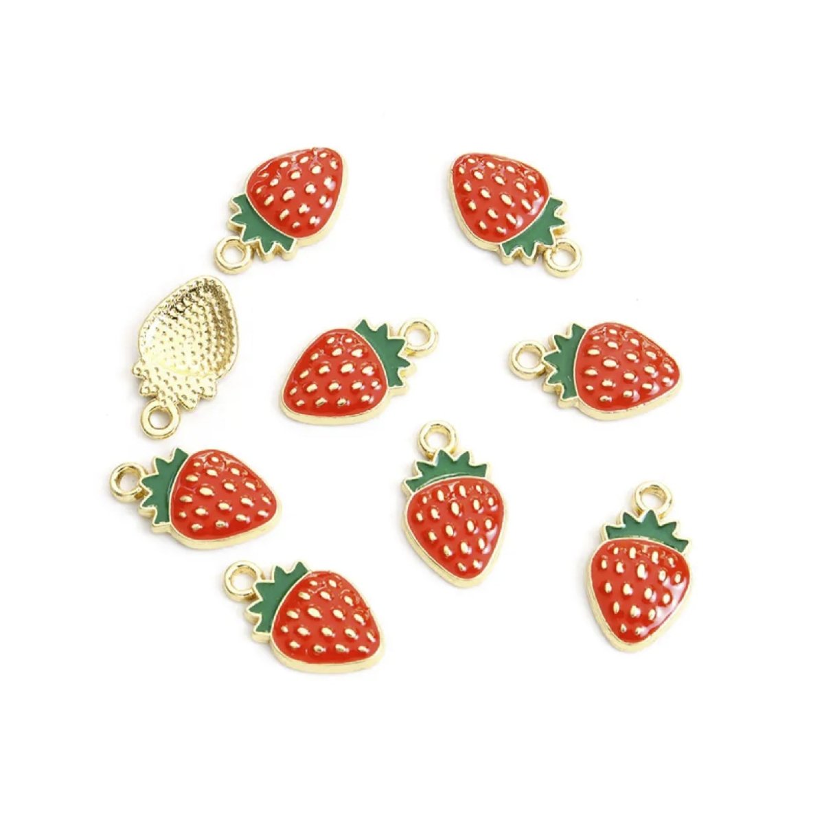 10 Enamel Charms Heart Sunflower Starfish Strawberry Butterfly – Strawberries Gold Colour