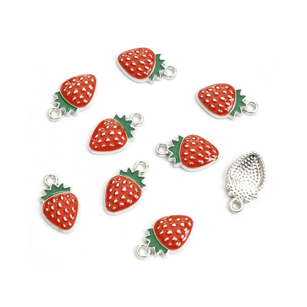 10 Enamel Charms Heart Sunflower Starfish Strawberry Butterfly – Strawberries Silver Colour