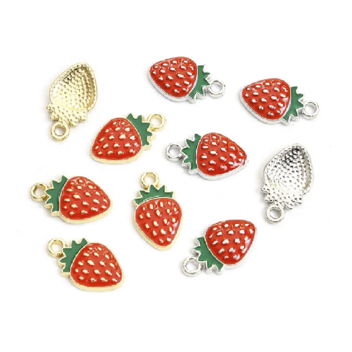 10 Enamel Charms Heart Sunflower Starfish Strawberry Butterfly – Strawberries Silver Gold Colours