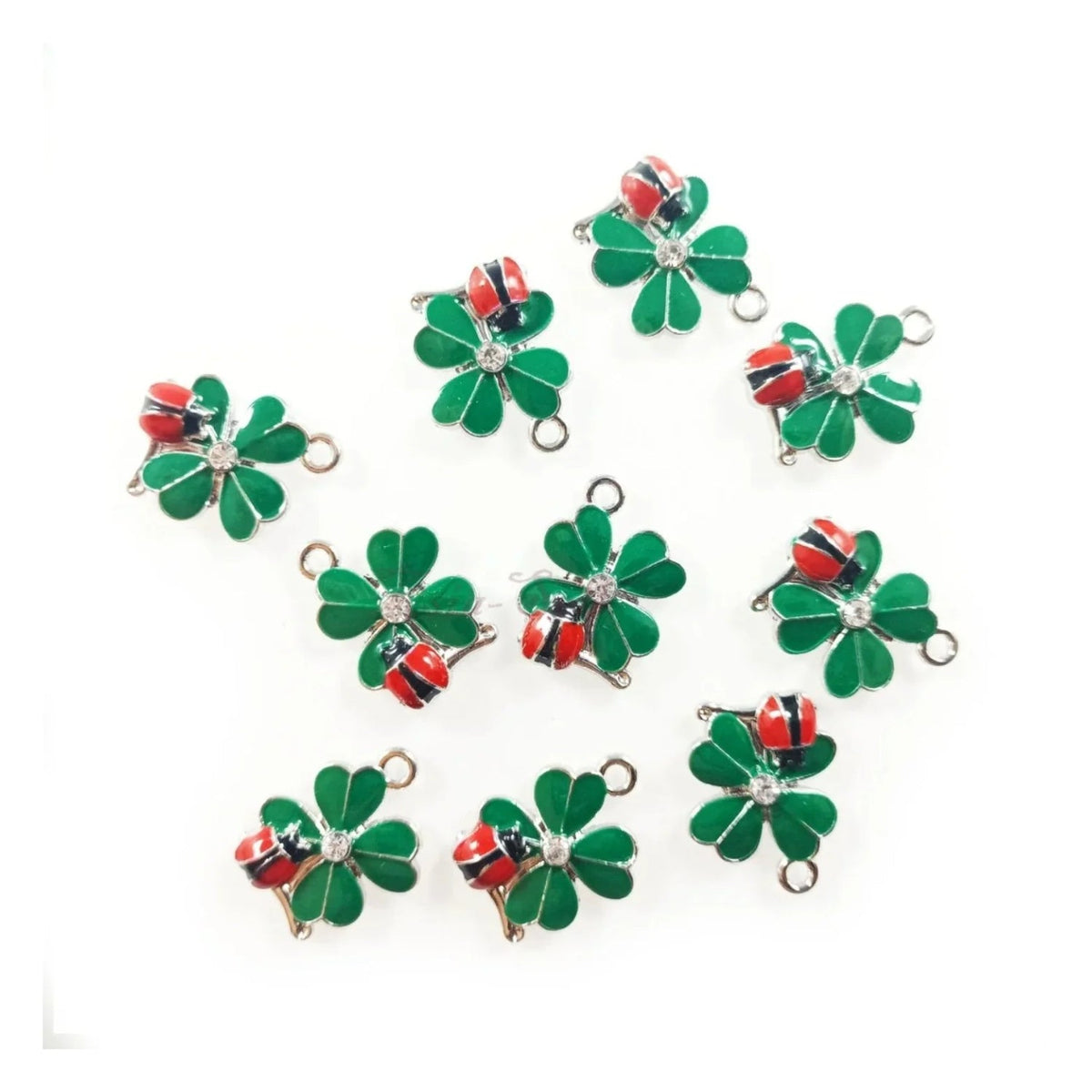Enamel Pendant Charms DIY Jewellery Set – 10pcs 4-Leaf Clovers with Ladybug
