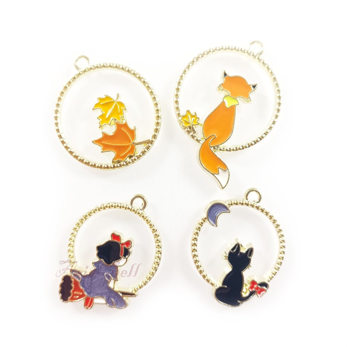 Enamel Pendant Charms DIY Jewellery Set – 4pcs Cat Witch Fox Leaf