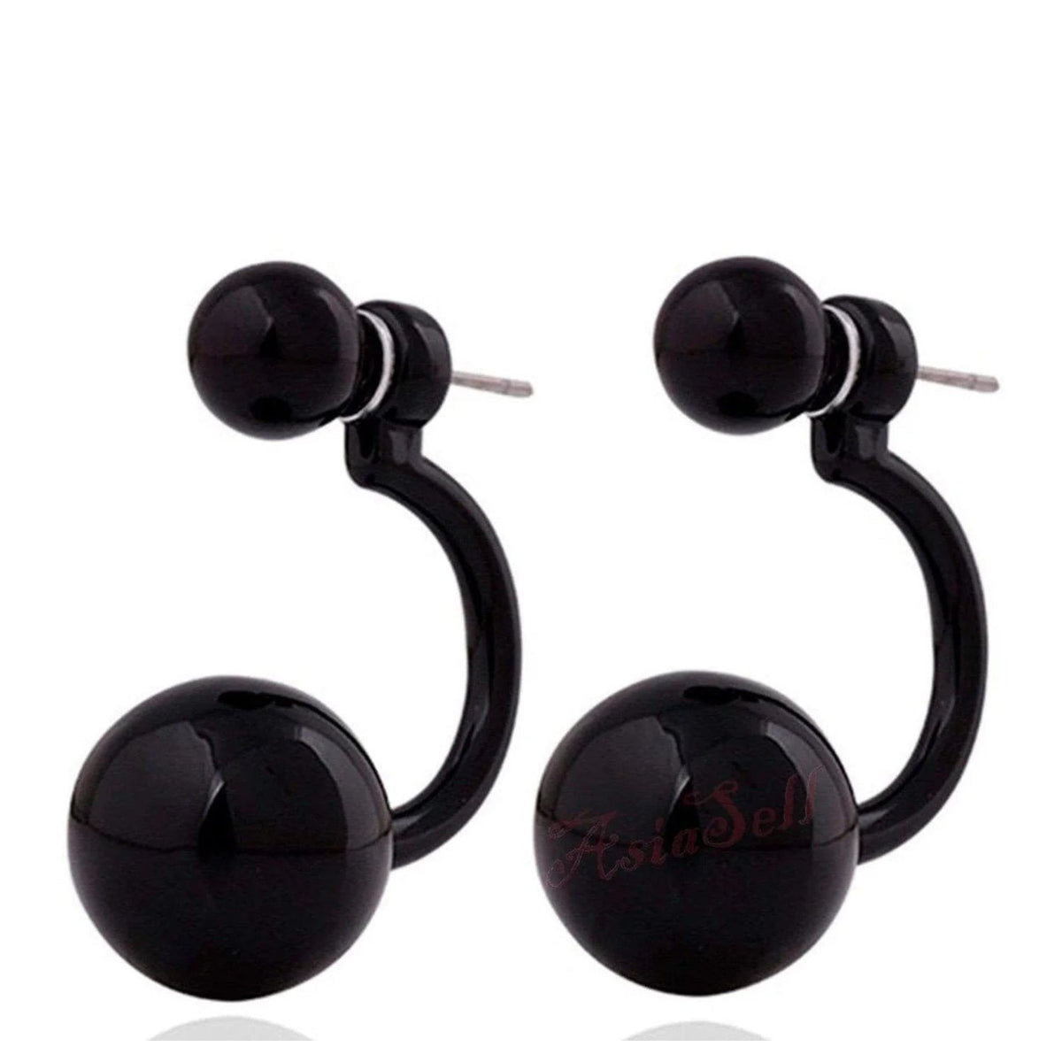 Round Double Ball Stud Earrings – 2-Pair Set – Black
