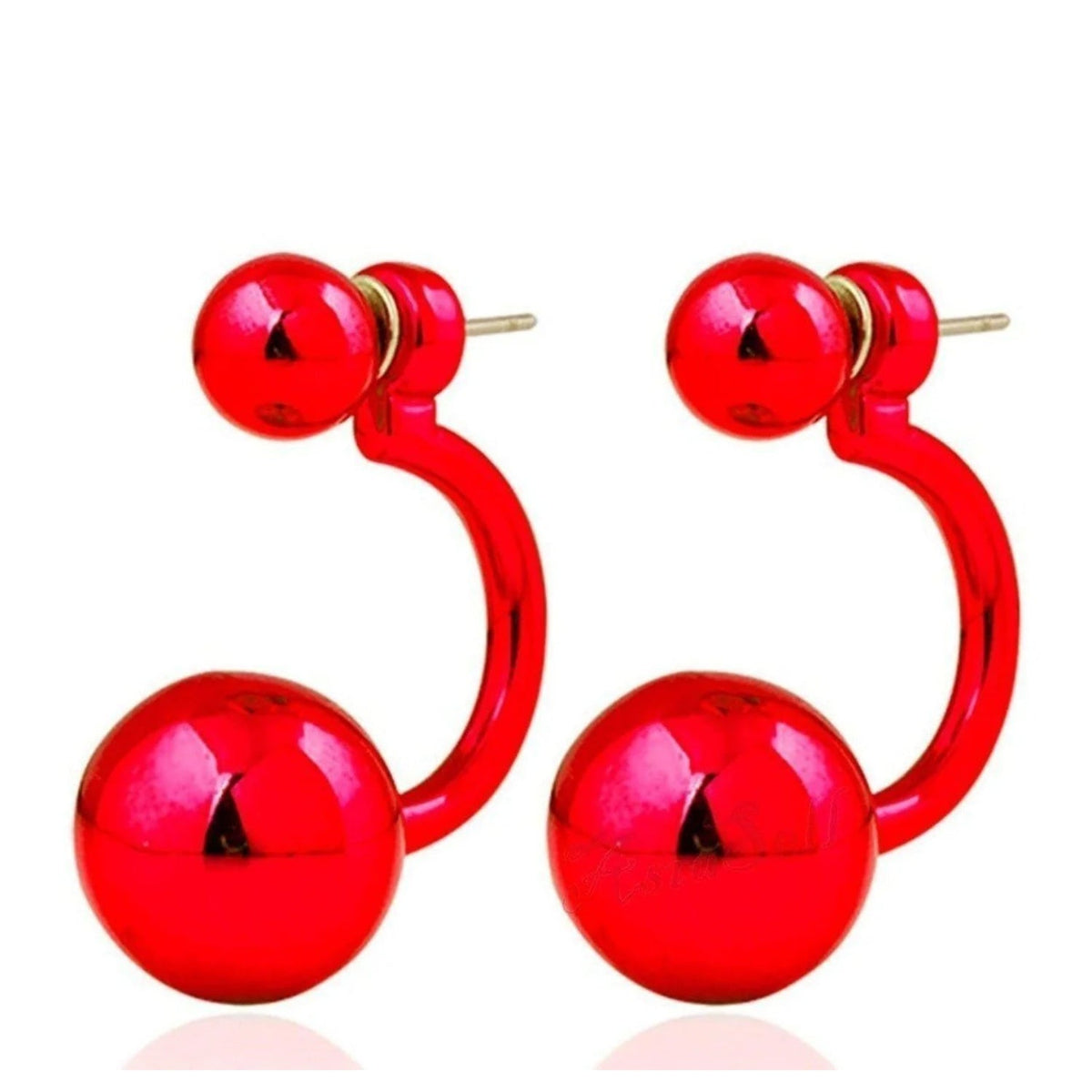 Round Double Ball Stud Earrings – 2-Pair Set – Red
