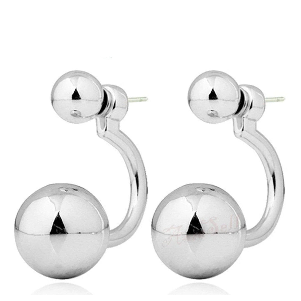 Round Double Ball Stud Earrings – 2-Pair Set – Silver