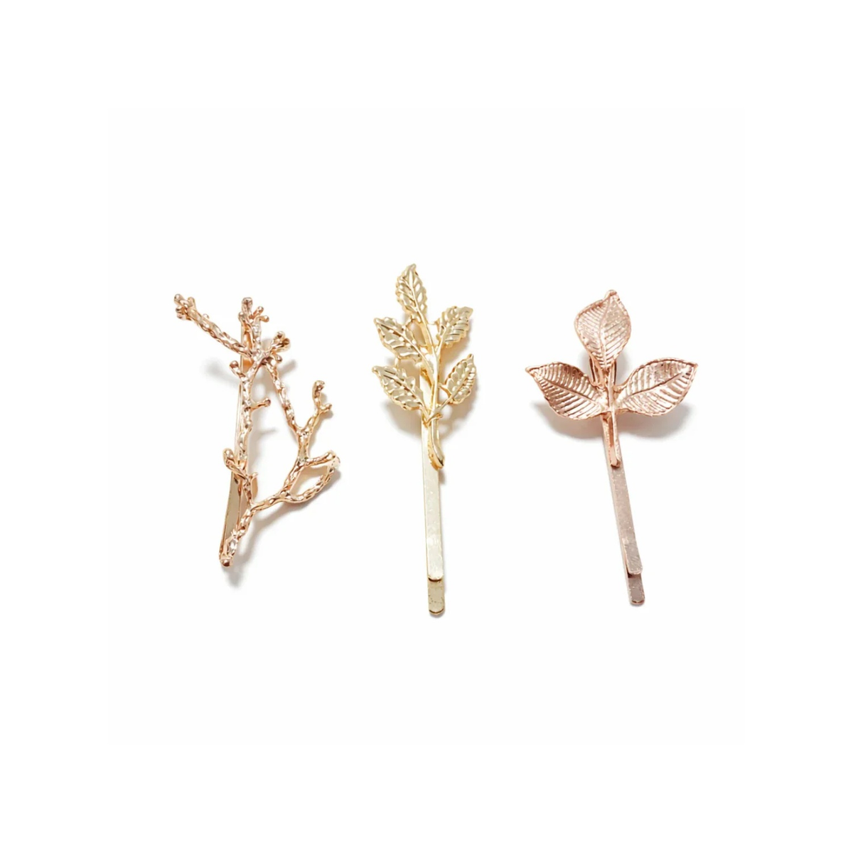 Gold Hair Clip – Strong Thick Design – Three gold hair pins with leaf and branch designs on a white background