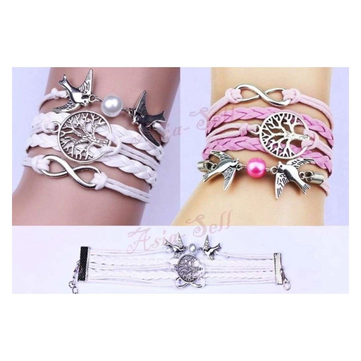 Tree Of Life Birds Infinity Leather Rope Chain Bracelet – White, Pink