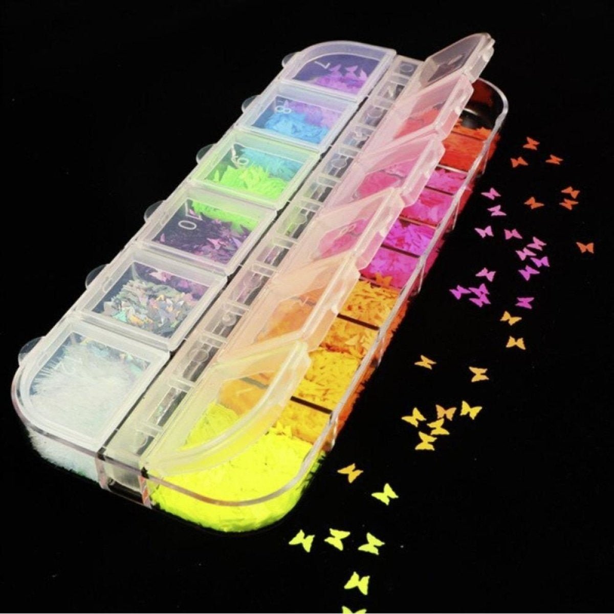 Holographic Nail Paillette Mirror Slices – Fruit, Heart, Butterfly – Neon Butterflies