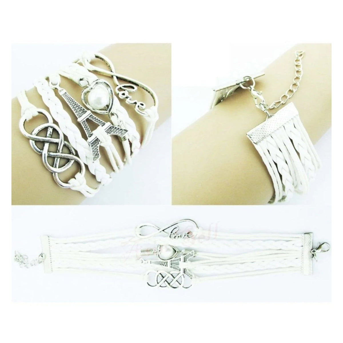 Infinity Love Heart Pearl Eiffel Tower Leather Charm Bracelet