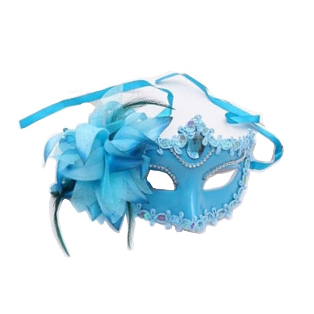 Masquerade Diamond Venetian Mask with Feather – Blue